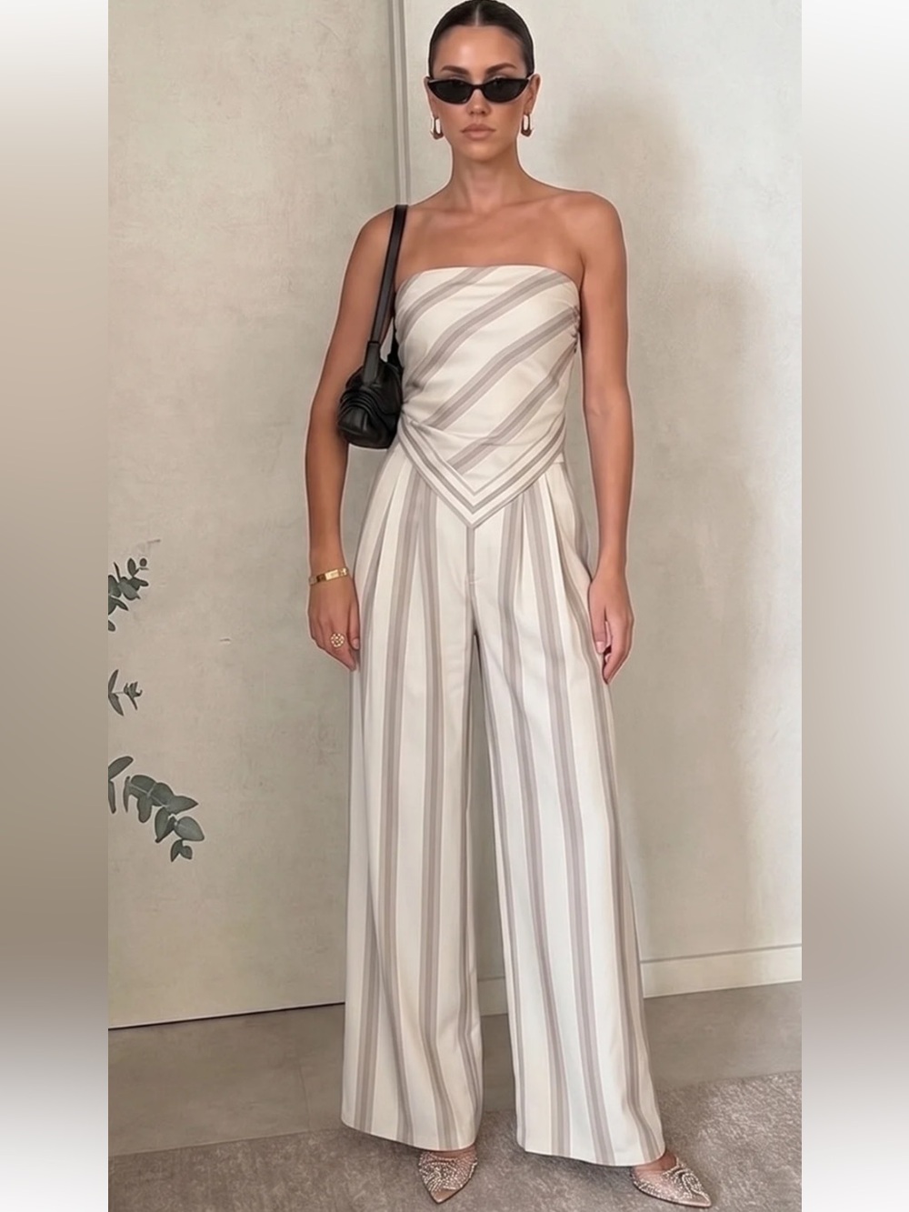 Commense Striped Strapless Top & Wide Leg Pants Set